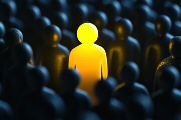 Obraz premium Unique figure stands out in a crowd of shadowy silhouettes during an abstract representation of individuality and presence in a dark environment