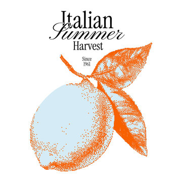 Italian summer illustration of lemon for t-shirt print with text slogan. Halftone Mediterranean Drawing with dotted texture. Dolce vita Amalfi coast. 