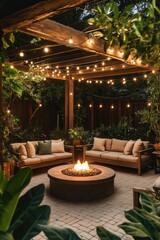 Cozy outdoor gathering with a fire pit and string lights in a lush garden during the evening