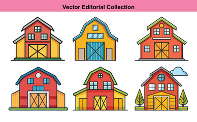 Vector illustration collection of colorful barns, A set of six vibrant vector illustrations of barns, perfect for farming, rural, and agriculture-themed designs.
