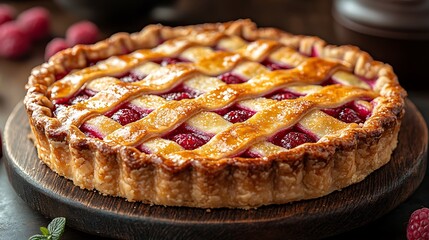 A golden baked berry lattice pie sitting atop a wooden board