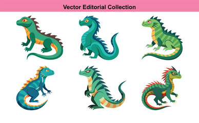 Vector illustration collection of fantasy lizards, A set of six colorful vector illustrations of fantasy lizards with unique designs, perfect for wildlife, mythical, and fantasy-themed projects.
