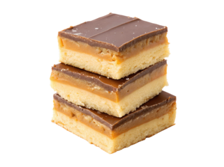 Shortbread millionaire bars cutout on white background in PNG format, ideal for social media posts and recipe content
