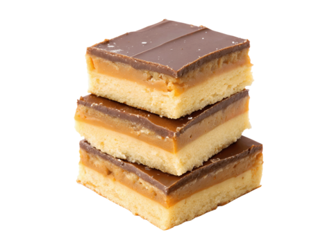 Shortbread millionaire bars cutout on white background in PNG format, ideal for social media posts and recipe content