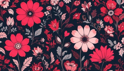 Vibrant Red and Pink Floral Pattern Bold Botanical Illustration Design