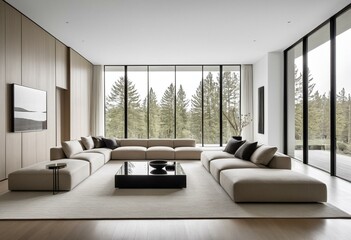 A living room filled with furniture and a large window.