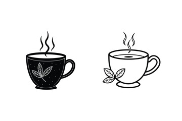 Hot Tea Cup Icons Black, White, Beverage, Leaves, Steam