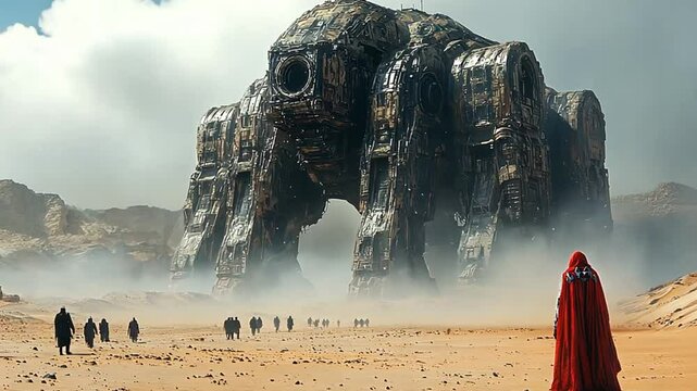 Ancient alien spacecraft in desert landscape; traveler
