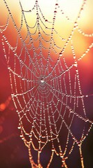 a spider web in the early morning light, each thread detailed with dewdrops resembling fine jewels