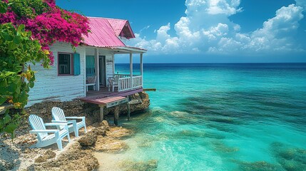 Tropical beachfront cottage with turquoise water and colorful flowers on a sunny day near the ocean