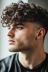 Obraz premium Young man with curly hair gazes thoughtfully out of a window in a modern urban setting during daytime