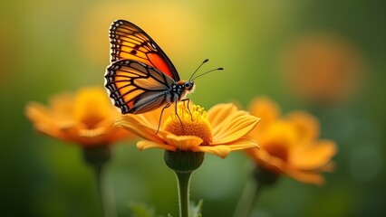 Monarch Butterfly on an Orange Flower, Close-Up Portrait with Vibrant Wings and Natural Background