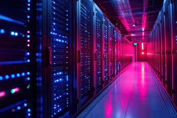 Fototapeta premium Modern data center filled with servers and illuminated racks at night highlighting technology and infrastructure