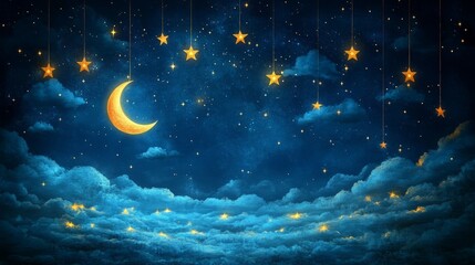 A crescent moon hangs gracefully among glowing stars, casting serenity over soft, fluffy clouds during a tranquil night