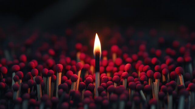 A single lit match stands tall among unlit matches, symbolizing individuality.
