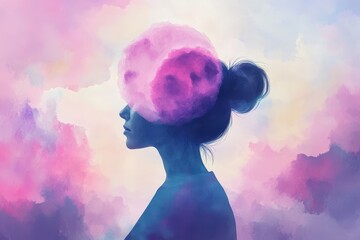 Naklejka premium Serene Woman with Dreamy Cloudscape, Inner Peace, and Watercolor Art.