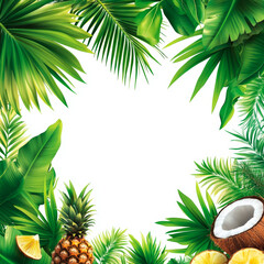 Fototapeta premium Tropical frame with palm leaves, pineapple, and coconut, leaving space for text. Perfect for vacation, travel, summer promotions, beach advertising, exotic destinations, and holiday marketing.