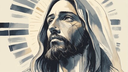 Watercolor Painting of Jesus Christ Looking Upward With Light Radiating