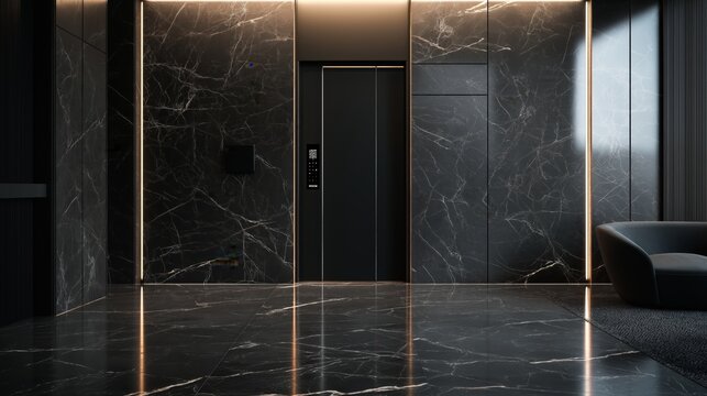 Modern elevator lobby with elegant marble design and ambient lighting