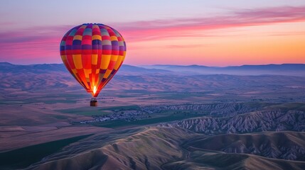 Obraz premium Hot Air Balloon Soaring Over Breathtaking Landscape at Sunrise