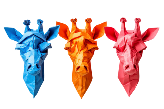 Colorful Origami Giraffes in Blue, Orange, and Pink Displayed on a Black Background, Showcasing Artistry and Creativity in Paper Folding Techniques