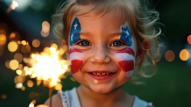 Cute girl with American flag face paint holding sparkler for Independence Day celebration. 