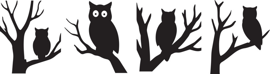 Fototapeta premium Silhouette owls, Tree branches, Night scene, Black and white illustration, Minimalist design, Perched birds, Spooky forest, Halloween mood, Graphic art, Stylized nature