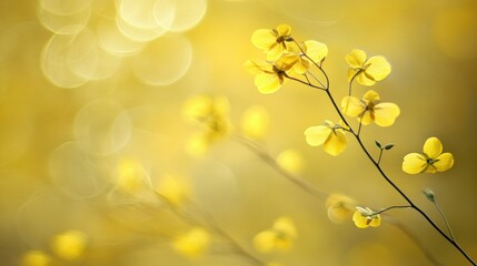 Delicate yellow flowers glow against bokeh background in a dreamy, soft light.