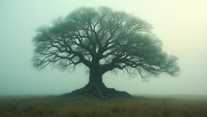 Dramatic Oak Tree Silhouette in Misty Landscape, Tranquil Nature Scene, Moody Scenery