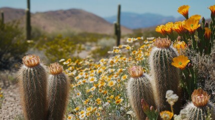 Vibrant desert landscape showcasing blooming cacti and wildflowers in a sunny environment during spring