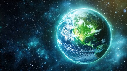 Fototapeta premium A vibrant depiction of Earth in space, showcasing its continents and oceans, surrounded by a starry universe.
