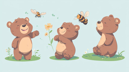 Obraz premium Funny bear characters set isolated on white background. Vector cartoon illustration of grizzly mascot, cute brown animal standing and smiling, sitting with flower and butterfly, running from angry bee