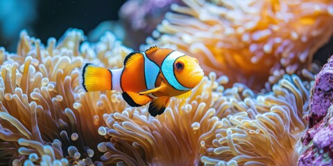 Colorful clownfish swimming among vibrant anemones in a coral reef ecosystem during daytime