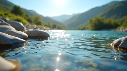 Clear Mountain River with Rocks and Sunlight Reflections on the Water Surface