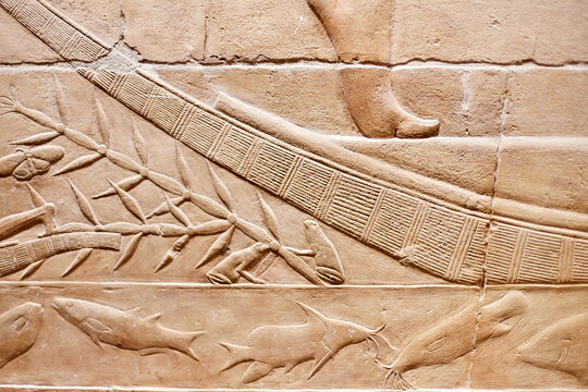 Detail from the walls of the tomb of the vizier Kagemni showing part of a reed boat and under it a plant, two frogs, a butterfly and fish in the river