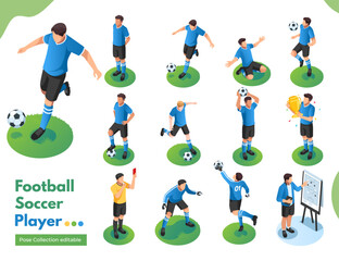 Football soccer player in blue uniform isometric illustration pose collection  © MarrieVisual