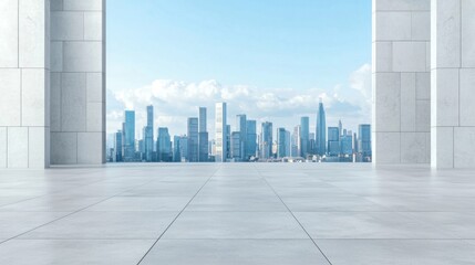 Fototapeta premium Minimalist urban scene with a vast empty concrete floor, distant city skyline under an overcast sky, soft lighting, perfect for presentations.