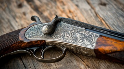 A detailed view of an ornate, vintage shotgun on a rustic wooden surface.