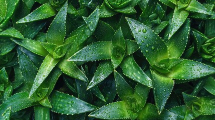Fototapeta premium Lush Green Aloe Vera Plants with Dew Drops