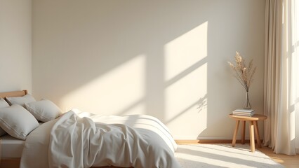 Cozy Bedroom Interior with Sunlight, Bed and Dried Flowers. Minimalist Home Design with Neutral Colors