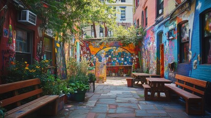 Fototapeta premium City garden bursting with color, where benches are painted in bold hues and pathways are crafted in mosaic, surrounded by a unique blend of architectural designs and a collection of art installations