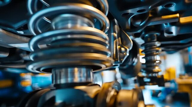 Close-up of a car suspension system showcasing coil springs and shock absorbers in a workshop