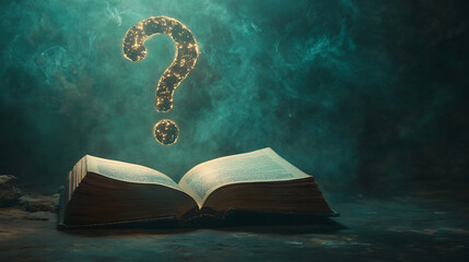 Open book with question mark. Mystical atmosphere