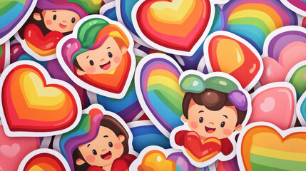 Naklejka premium Lgbt pride rainbow sticker. Heart and love icon pack design. Lgbtq month illustration with groovy patch collection. Colorful festival drawing with cute lesbian and bisexual fun label cartoon set