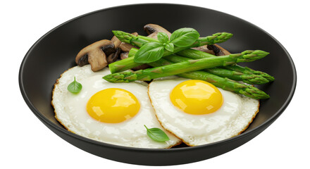 Isolated Fried Eggs with Asparagus and Mushrooms