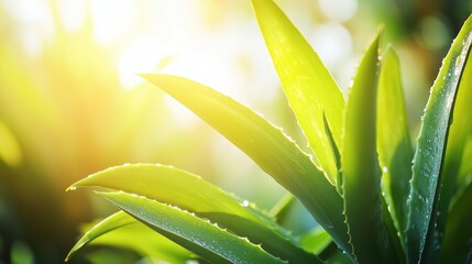Fototapeta premium Sunlit Dew-Kissed Leaves: A Botanical Masterpiece
