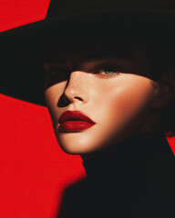 Ultra luxury fashion beauty brand concept. Close up portrait of young fashionable female model posing on scarlet background. Crop. Perfect make-up. Luxurious poster style. Studio shot