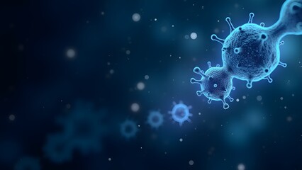 Close-up microscopic image of virus cells in a blue background for science and medical purposes