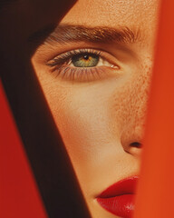 Ultra luxury fashion beauty brand concept. Close up portrait of young fashionable female model posing with scarlet background. Crop. Perfect make-up. Luxurious poster style. Studio shot