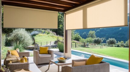 In a thriving garden, a patio with weatherproof motorized blinds offers the ideal blend of shade, seclusion, and flexibility, capturing the essence of a dynamic lifestyle